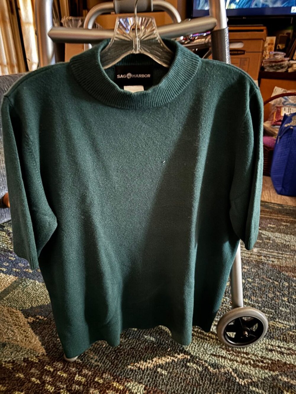 Sag Harbor Hunter Green Acrylic Knit Short-Sleeve Sweater, Size LARGE